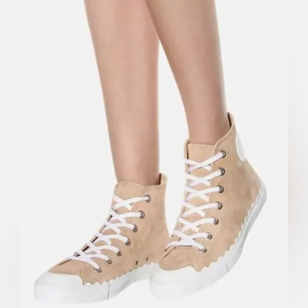 CHLOE Kyle Women’s Beige High-Top Scalloped Lace-Up Leather Sneakers 36